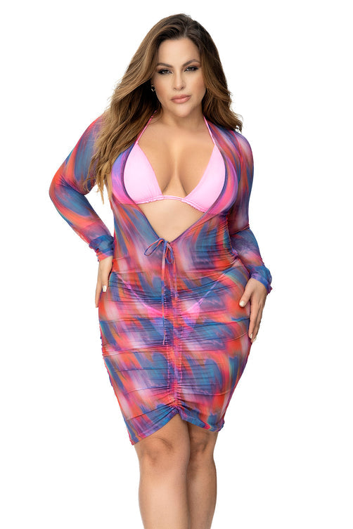 CT Lingerie plus size swimwear featuring a colorful sunny sheer plus size coverup with long sleeves and front tie
