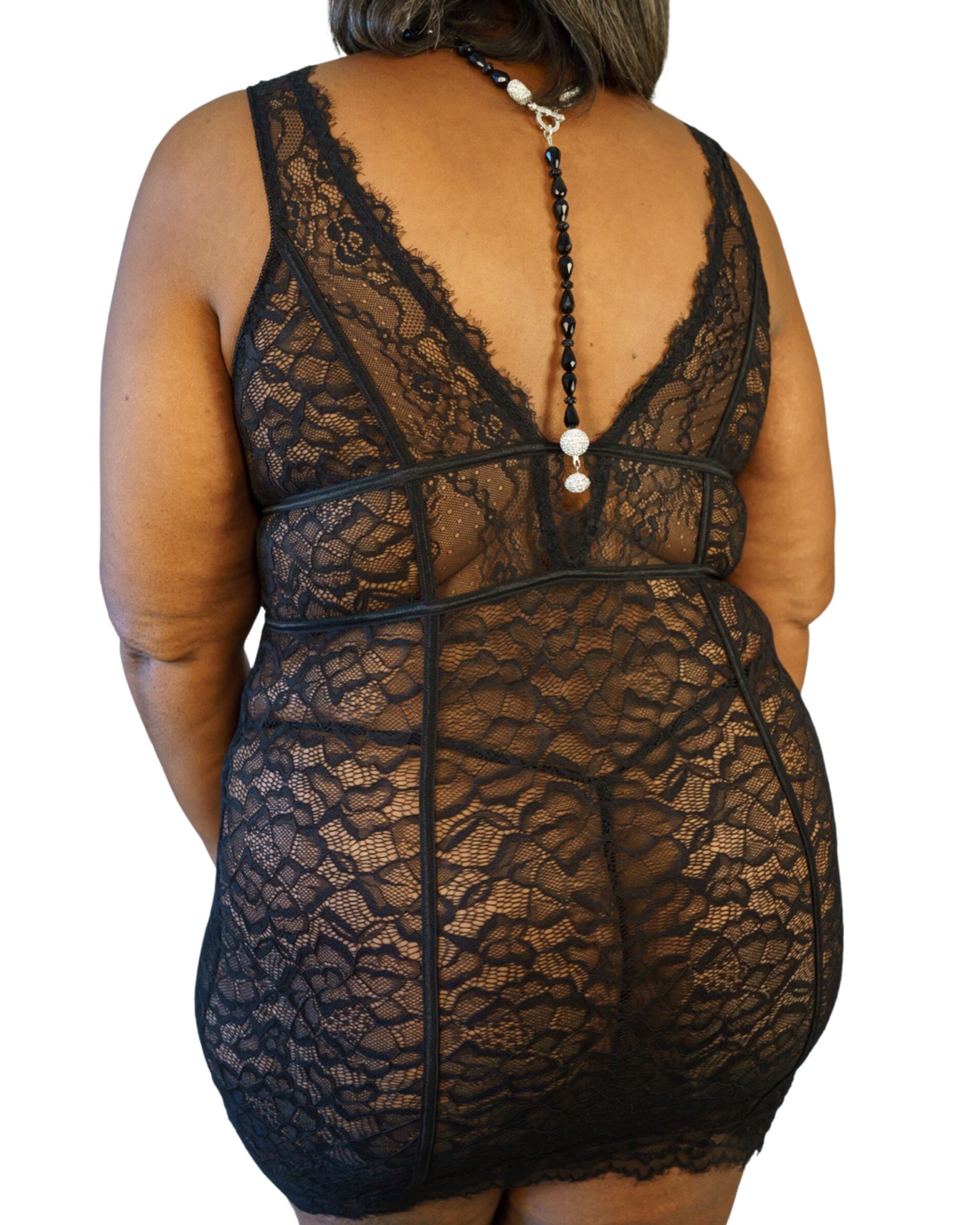 CT Lingerie clearance sexy black lace chemise back view on plus size model with V back and sheer lace