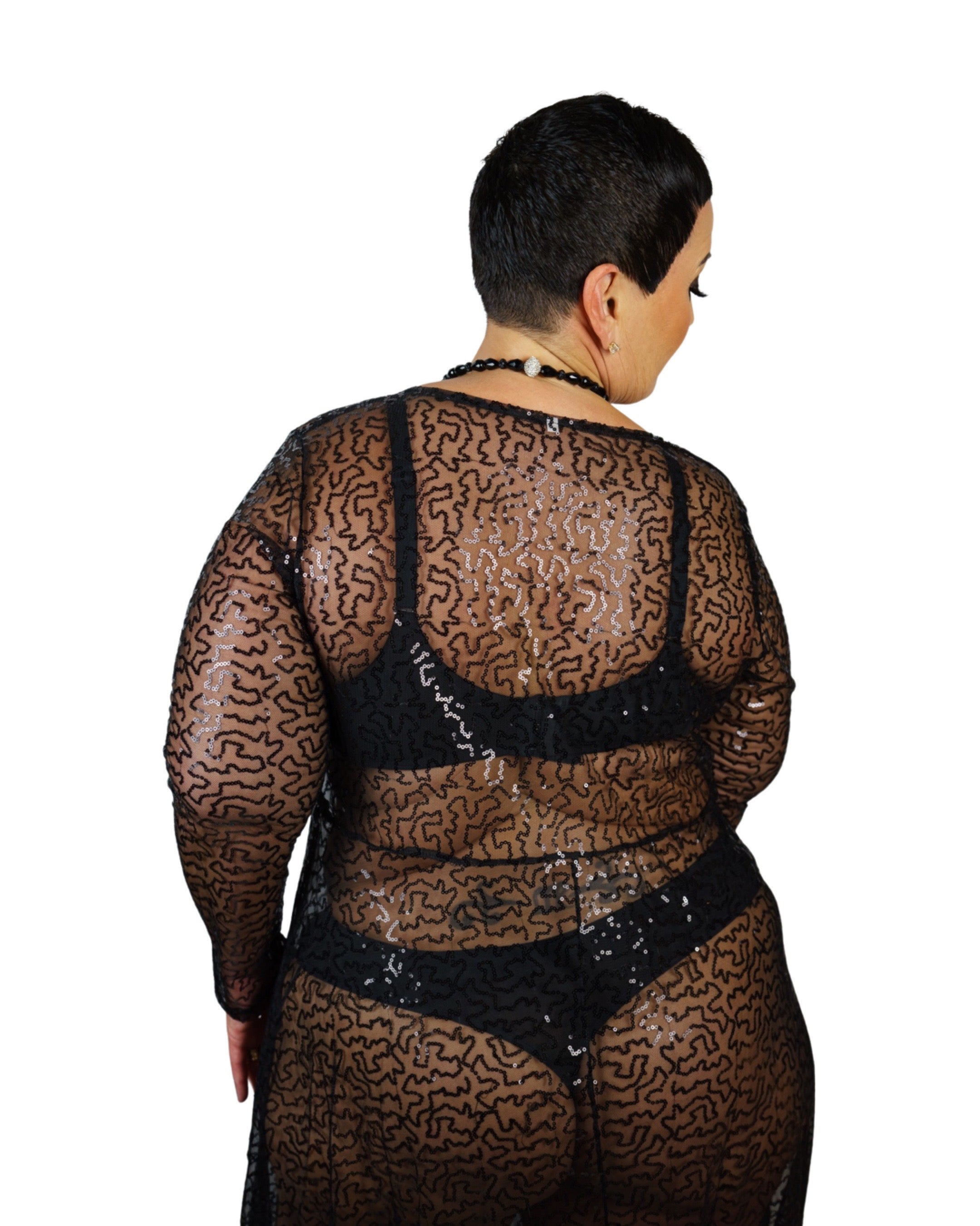 CT Lingerie clearance plus size model wearing sexy black lace robe over matching black bra and panties back view