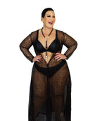 CT Lingerie plus size model wearing sexy black lace robe over matching black bra and panties, long sheer gown