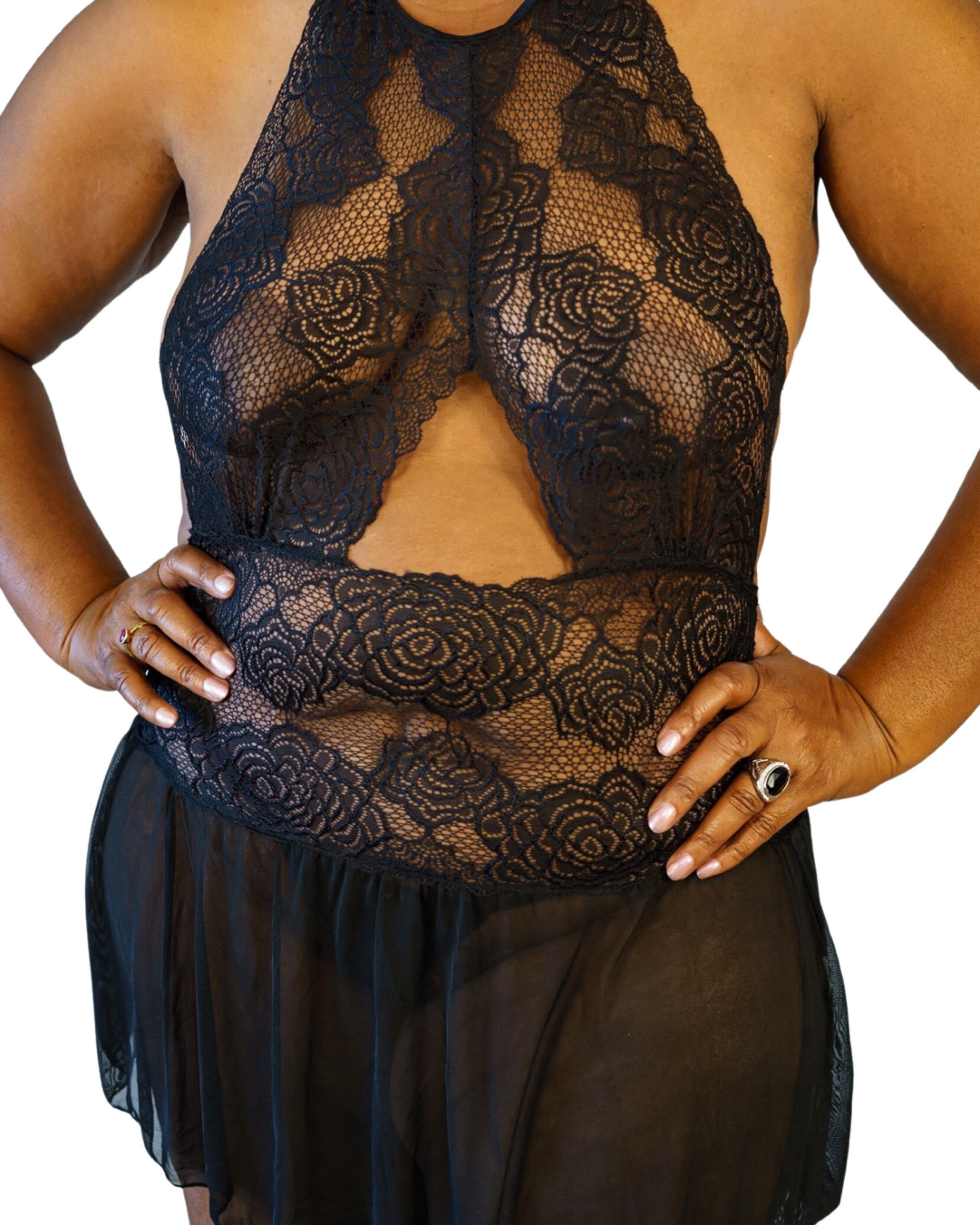 CT Lingerie clearance black lace plus size babydoll halter floral lace bodice with sheer skirt