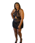 CT Lingerie Clearance black lace plus size babydoll halter chemise with sheer skirt and floral lace detailing