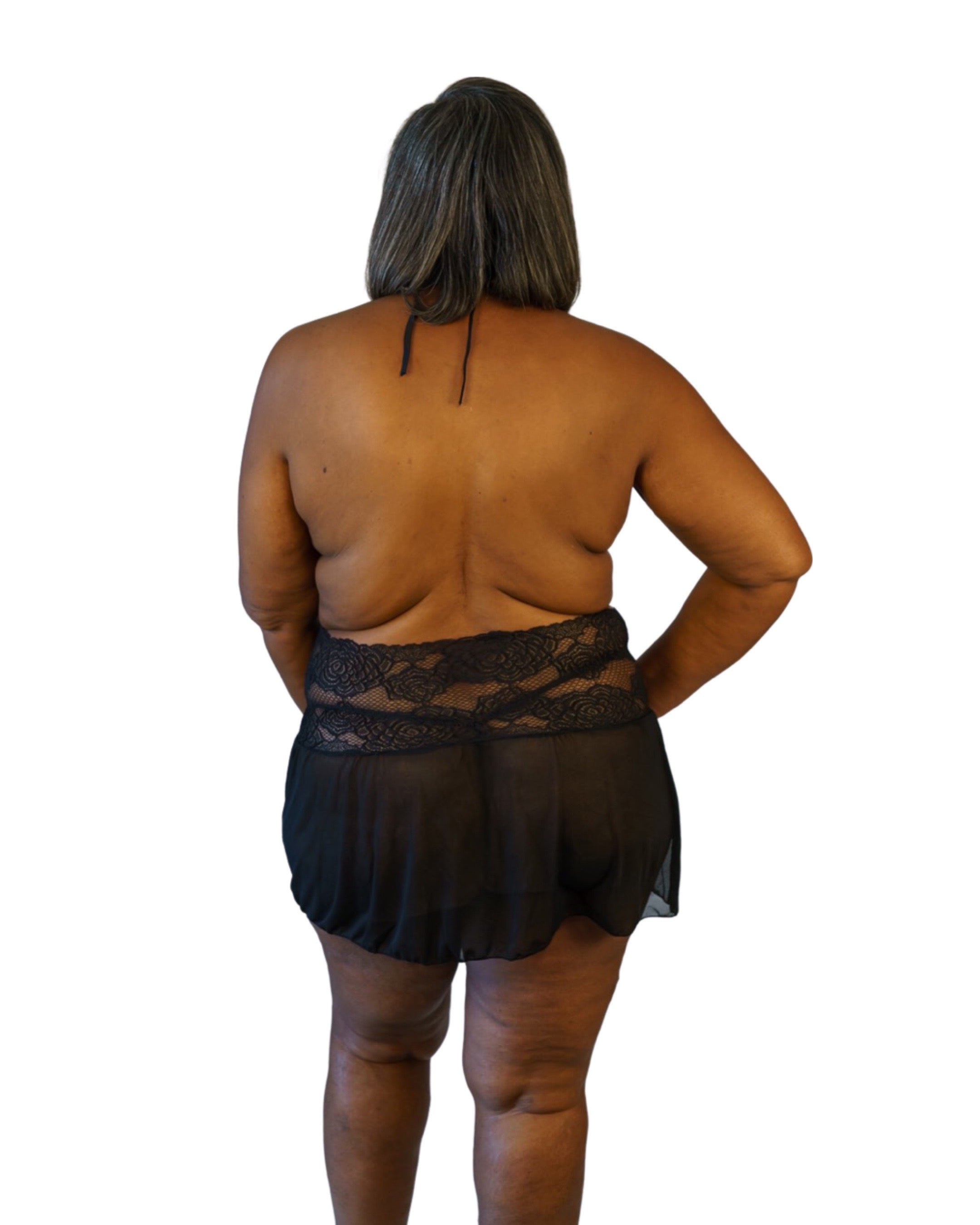 CT Lingerie black lace plus size babydoll rear view on plus size model sheer skirt and lace waist