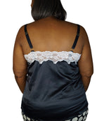 CT Lingerie clearance black satin cami with white lace trim back view on model sexy plus size lingerie