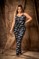 CT Lingerie plus size onesie lingerie black printed sleeveless V neck loungewear with straps