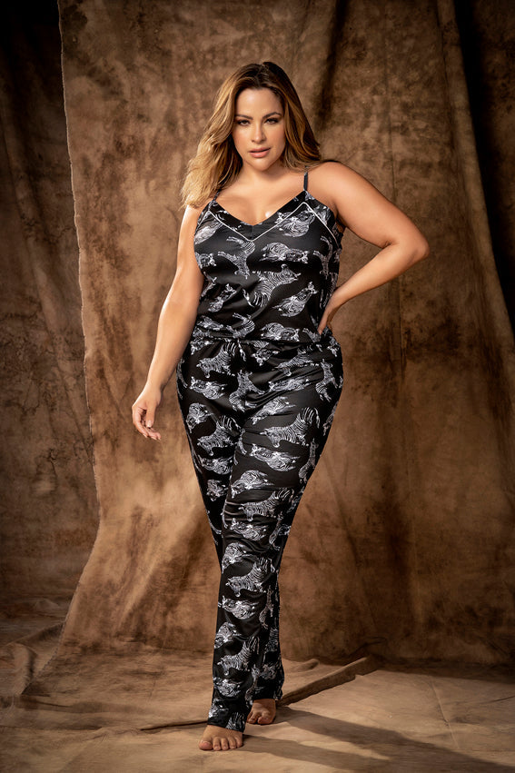 CT Lingerie black patterned plus size onesie lingerie with spaghetti straps and full length fitted legs