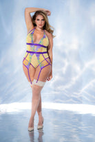CT Lingerie plus size floral lingerie halter teddy in yellow and purple lace with garter straps on model
