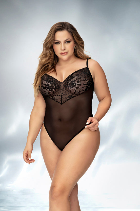 CT Lingerie plus size sheer mesh bodysuit in black with lace cups adjustable straps and high cut leg