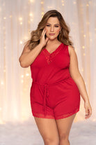 CT Lingerie plus size lace sleep romper in red with V neck lace trim drawstring waist and lace hem