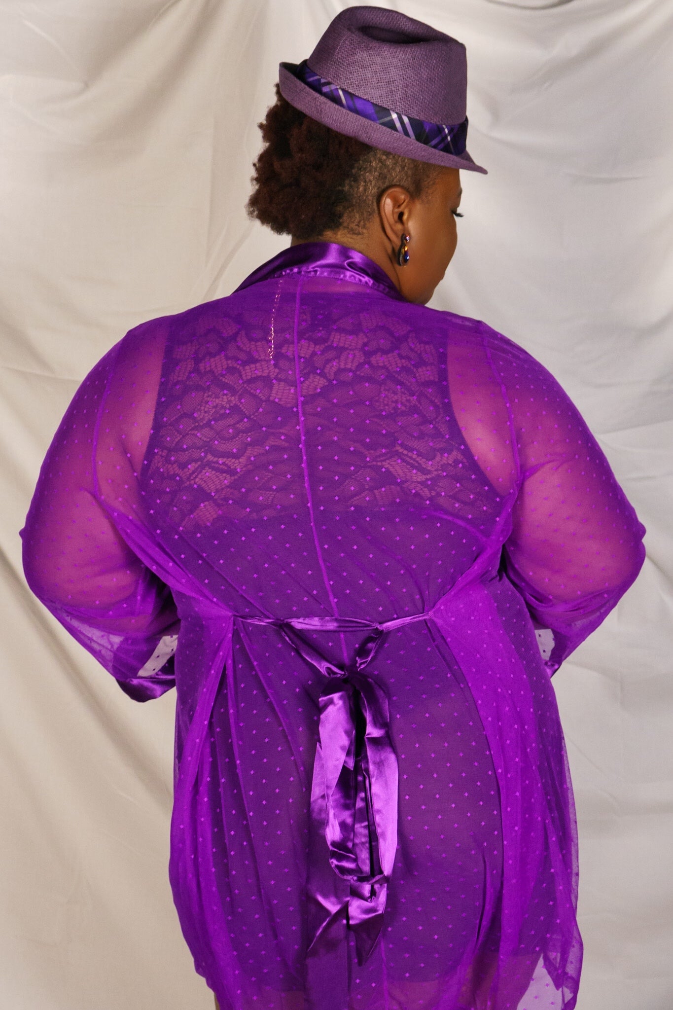CT Lingerie sexy satin trim robe in purple sheer dotted fabric back view with satin sash tied