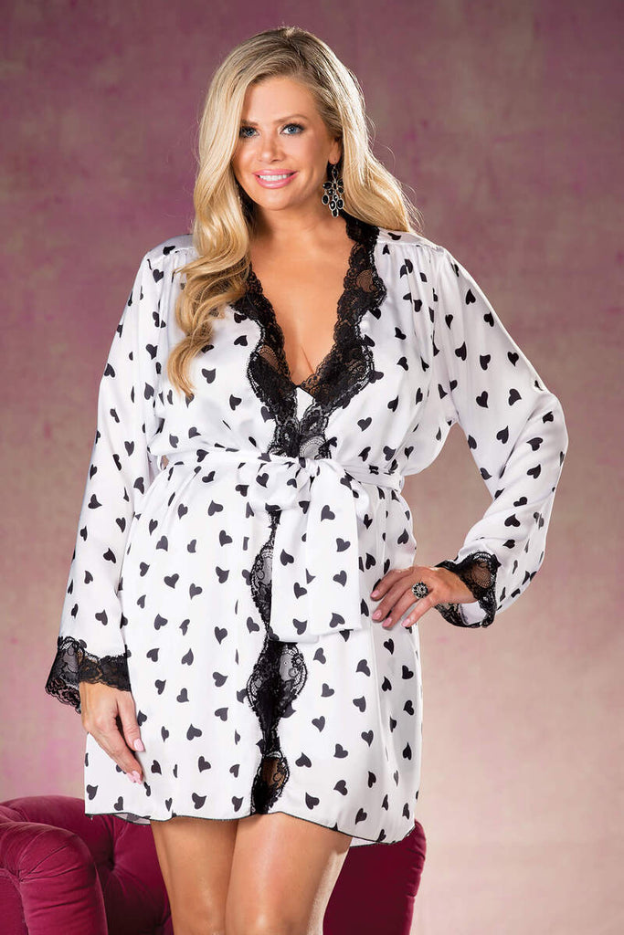 Plus size heart print kimono by CT Lingerie in white with black lace trim and tie waist