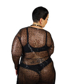 Plus size model wearing a sexy black lace robe with intricate patterns from CT Lingerie clearance